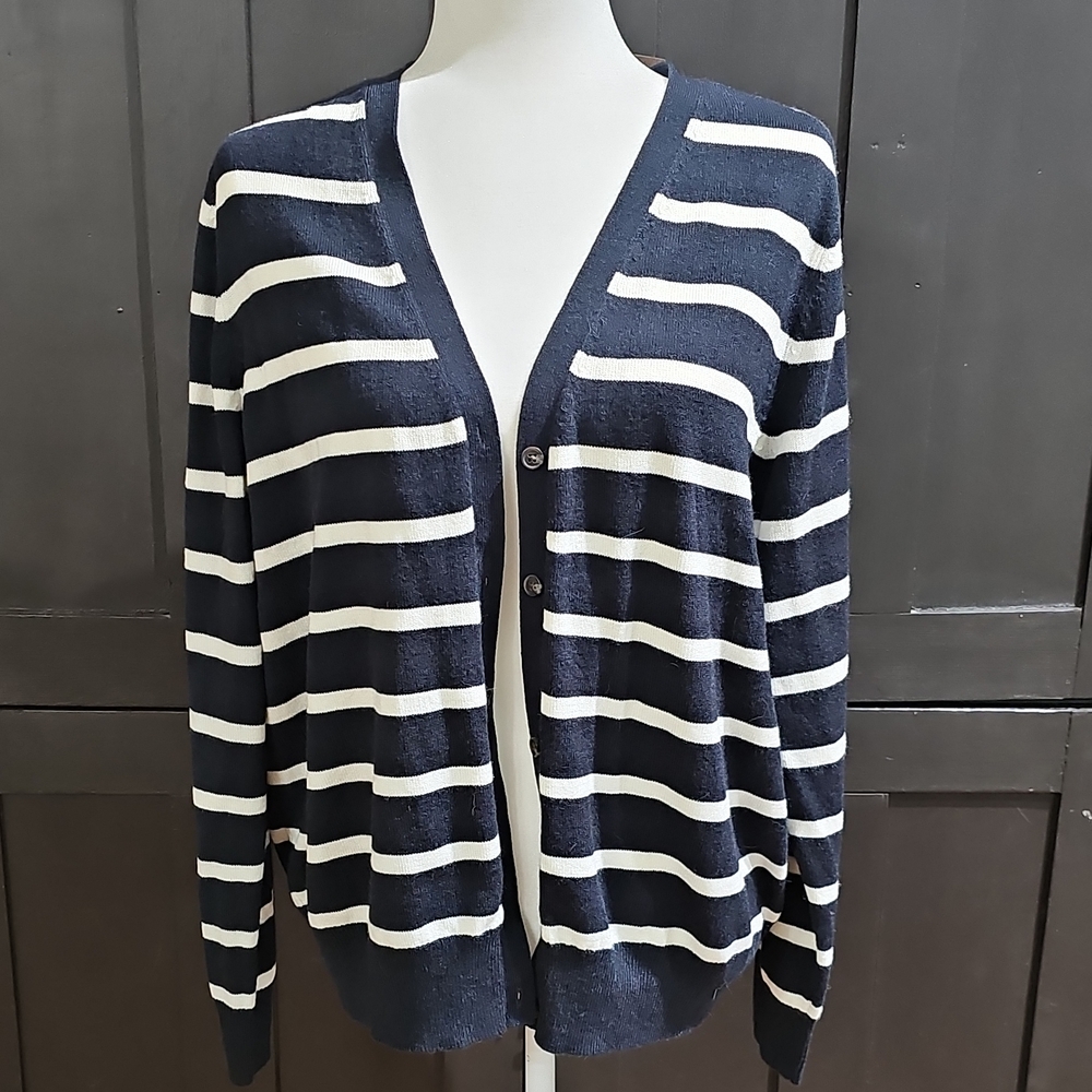 croft & barrow Navy and White Striped V-Neck Cardigan